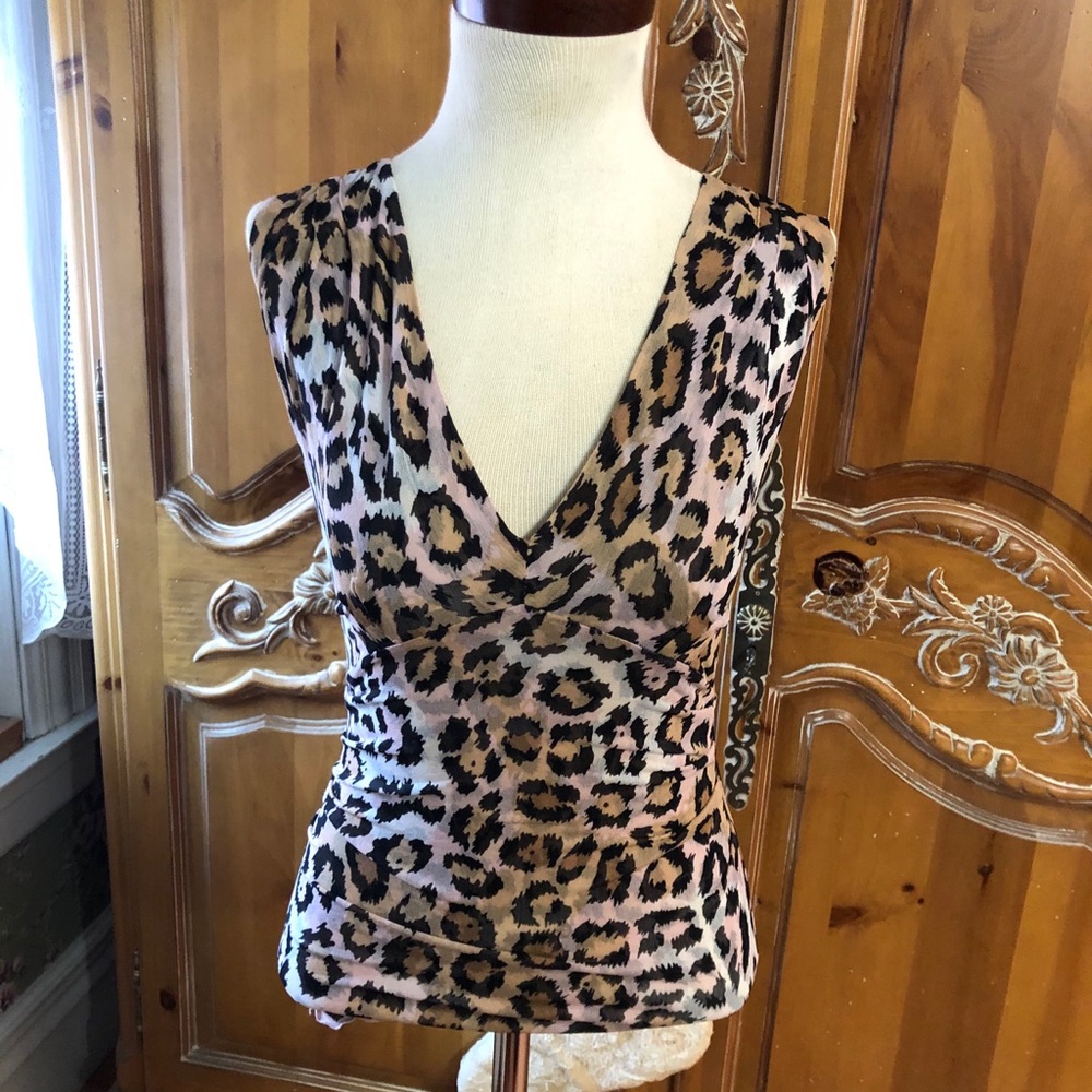 Diane Von Furstenberg Pink Black Brown Leopard Print Sleeveless Blouse